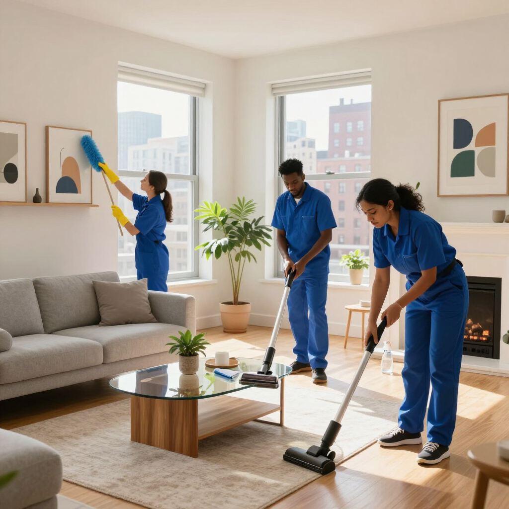 Three cleaners in blue uniforms vacuum and dust a bright living room with a sofa and fireplace.