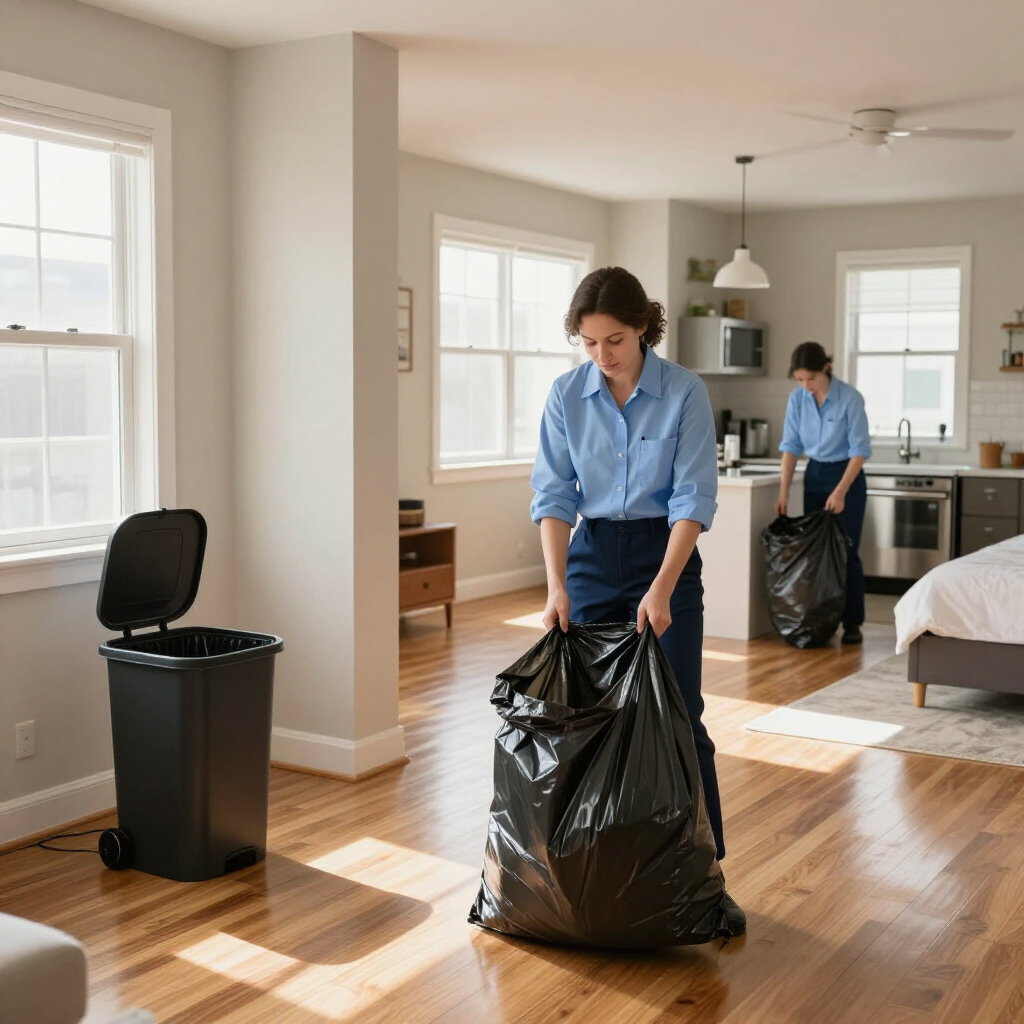 Person tying a black trash bag in a bright apartment living room, with another bag and bin nearby