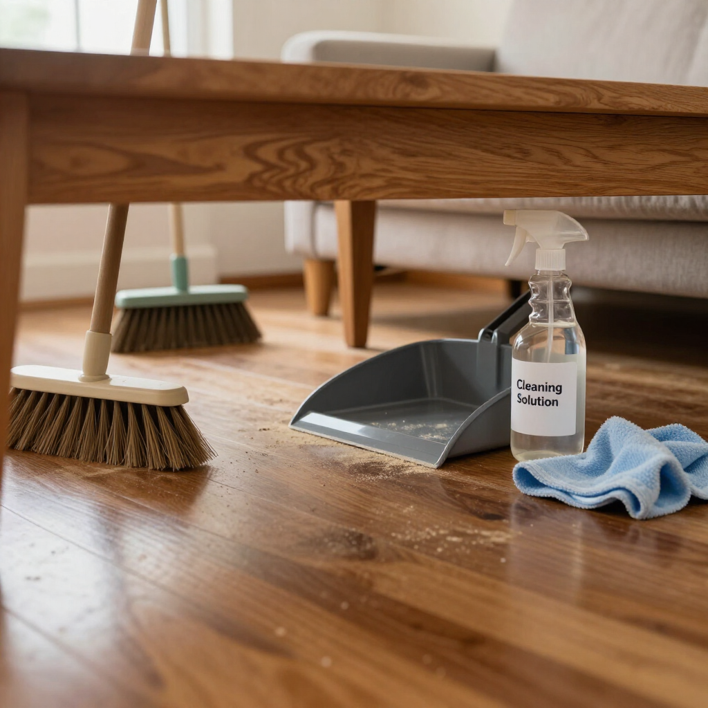 Cleaning supplies on a hardwood floor beneath a wooden table: broom, dustpan, spray bottle, and blue cloth.