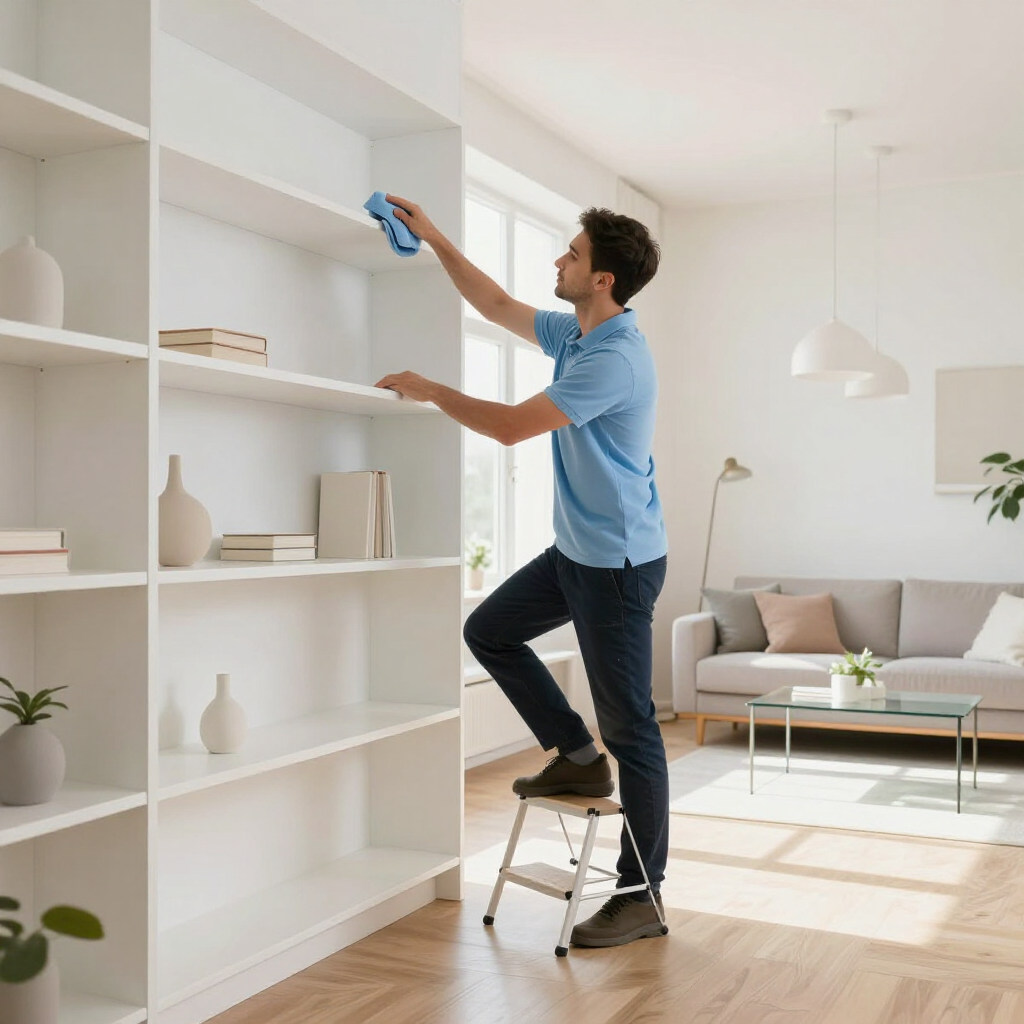 Person standing on a step stool dusting white shelves in a bright living room