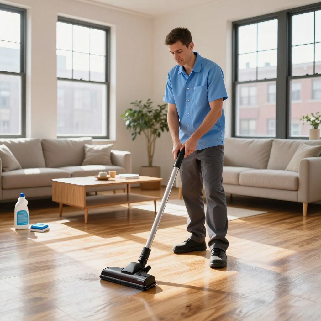 Person vacuuming a sunlit living room with hardwood floors and beige sofas