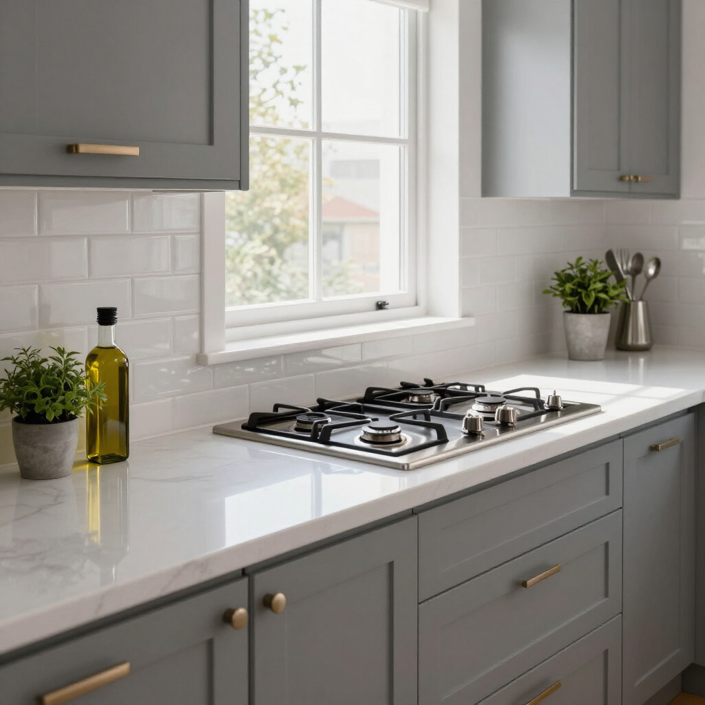 Modern kitchen with gray cabinets, white countertops, gas stove, and window light