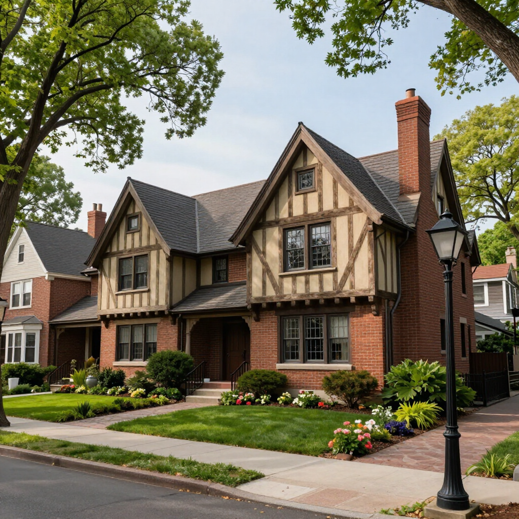 Tudor-style brick house with manicured lawn, flower beds, and a black lamppost on a tree-lined street