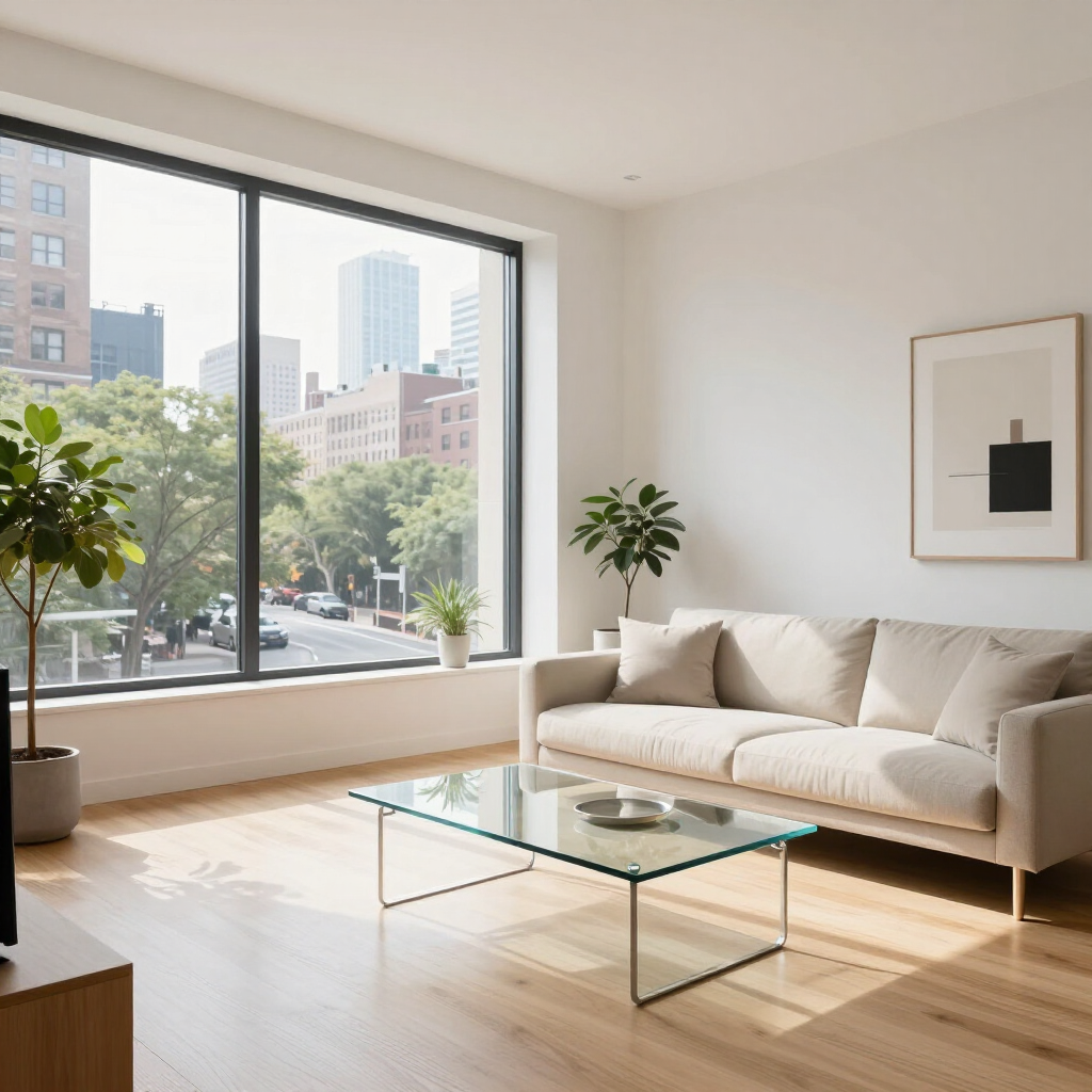 Bright modern living room with beige sofa, glass coffee table, and large window overlooking city buildings