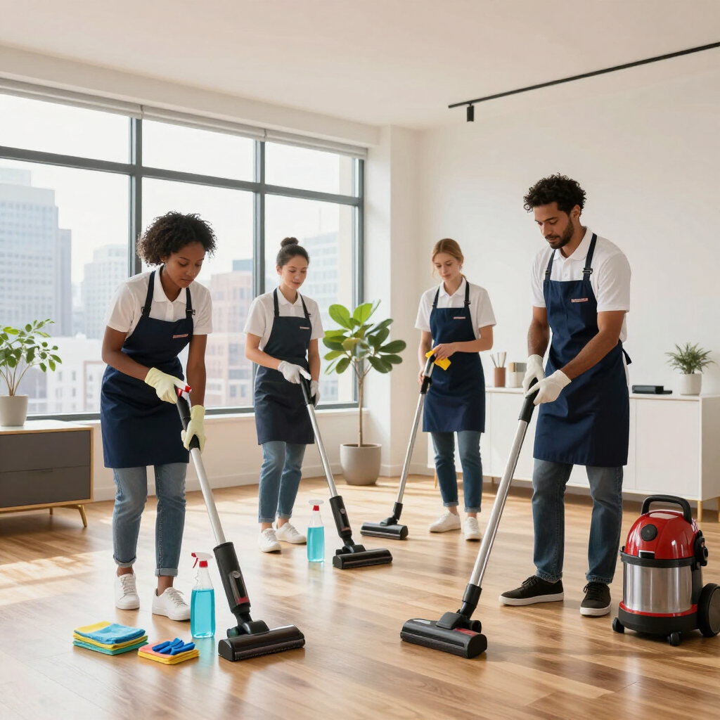Four people cleaning a bright room with mops and vacuum cleaners, with supplies on the wooden floor