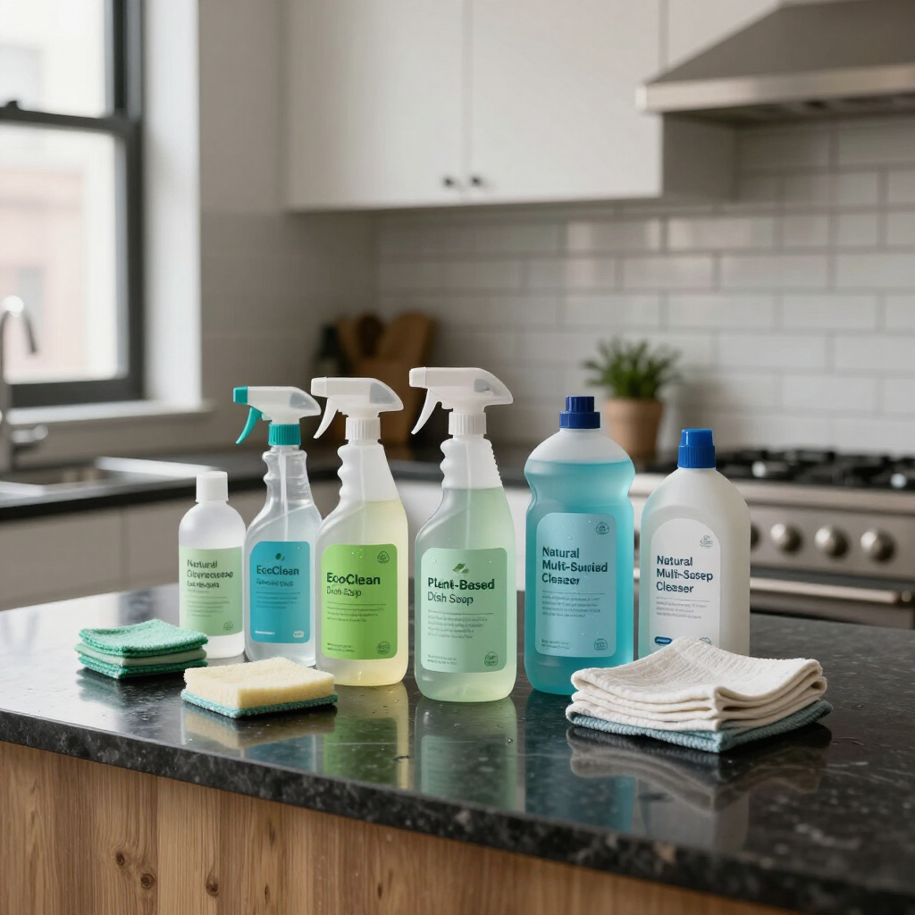 Cleaning spray bottles and cloths arranged on a kitchen counter