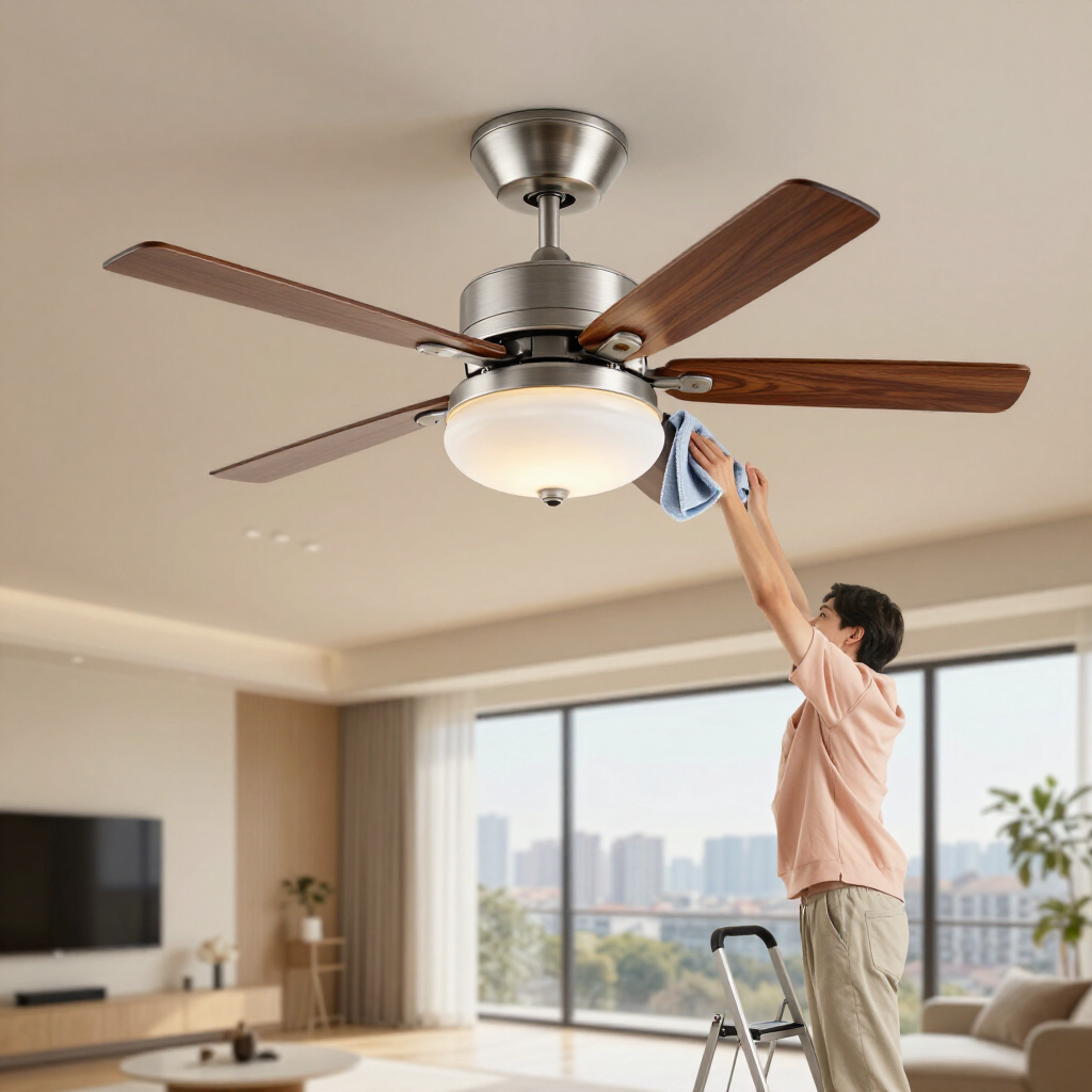 Person on a step ladder replacing a ceiling fan light in a bright living room