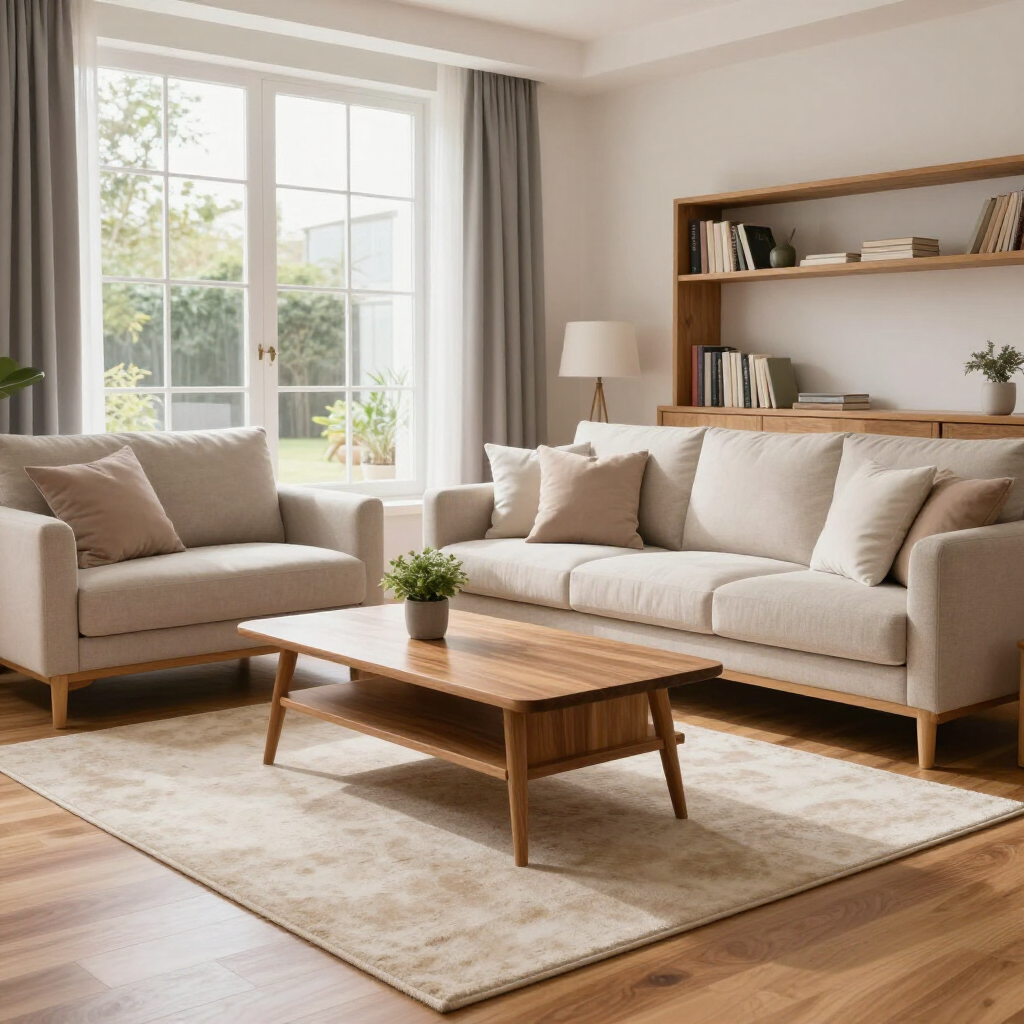 Bright living room with beige sofas, wooden coffee table, rug, bookshelf, and large window.