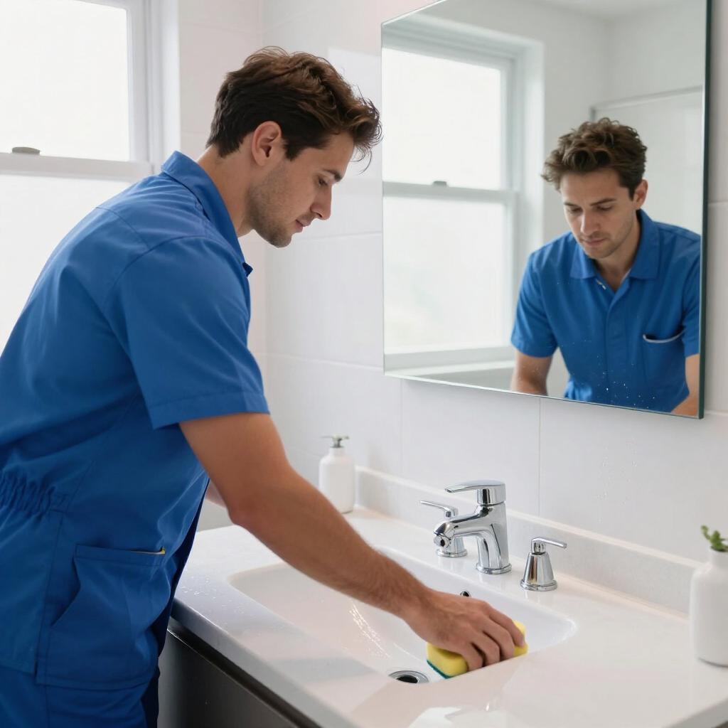 Man in blue uniform cleaning a white bathroom sink and mirror with a sponge