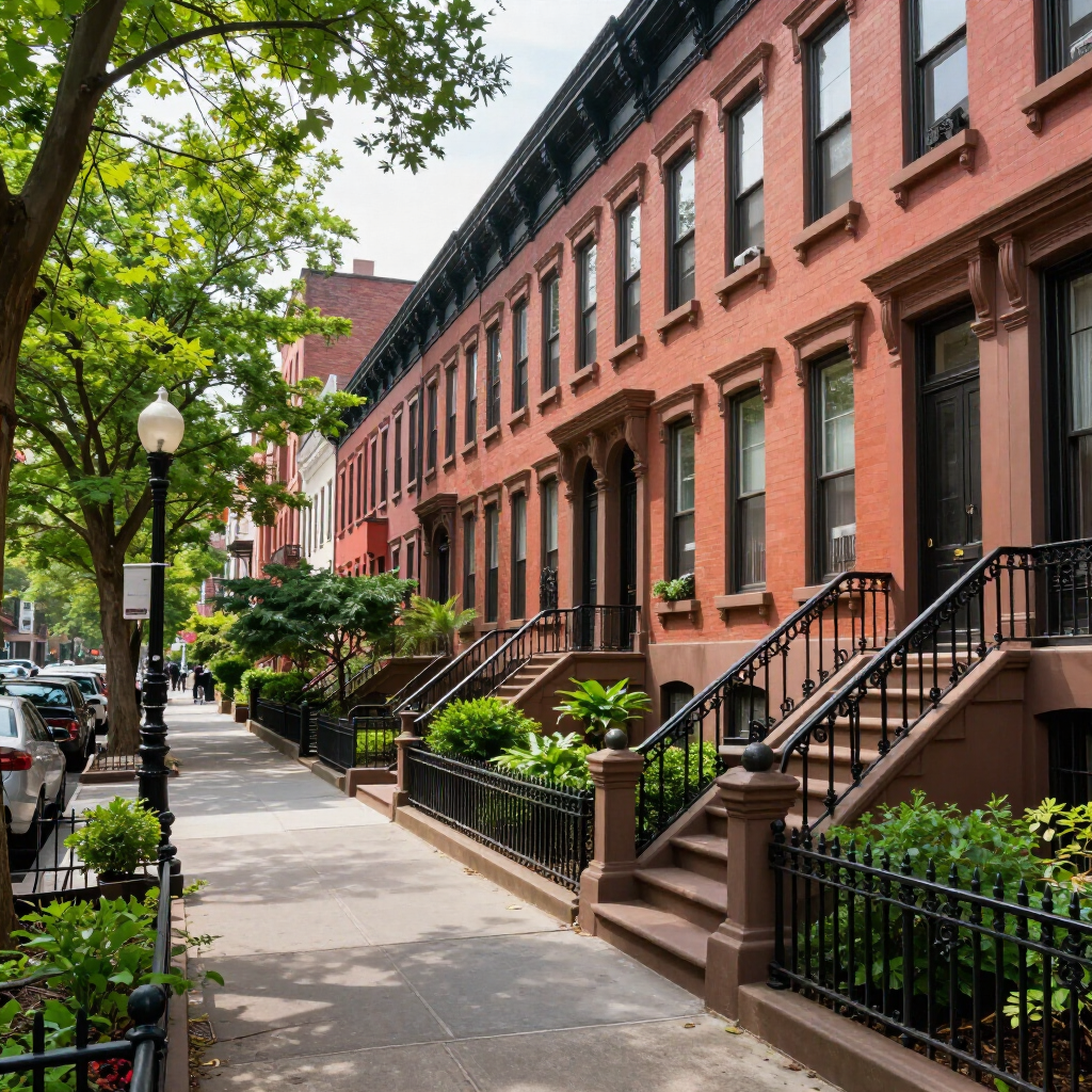 Tree-lined sidewalk beside red-brick row houses on a sunny residential street
