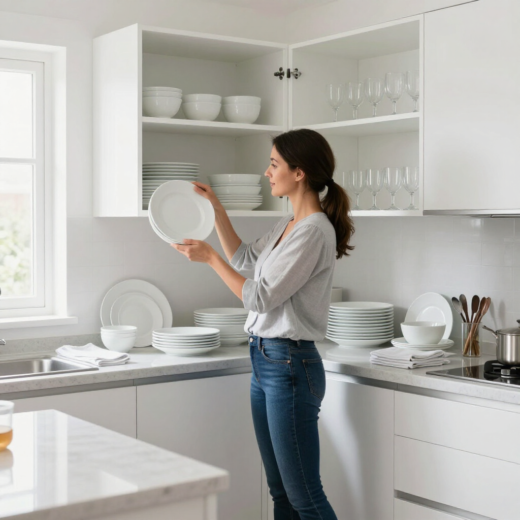 Person organizing white dishes in a bright kitchen
