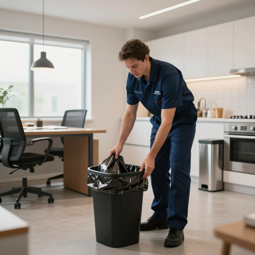 Janitor in navy uniform emptying a trash can in a modern office kitchen