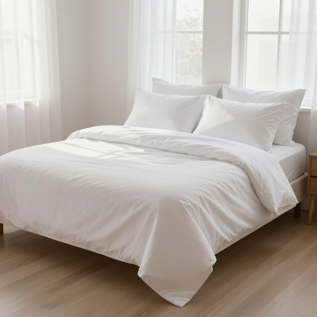 Bright white bed with pillows and duvet in a sunlit bedroom with sheer curtains