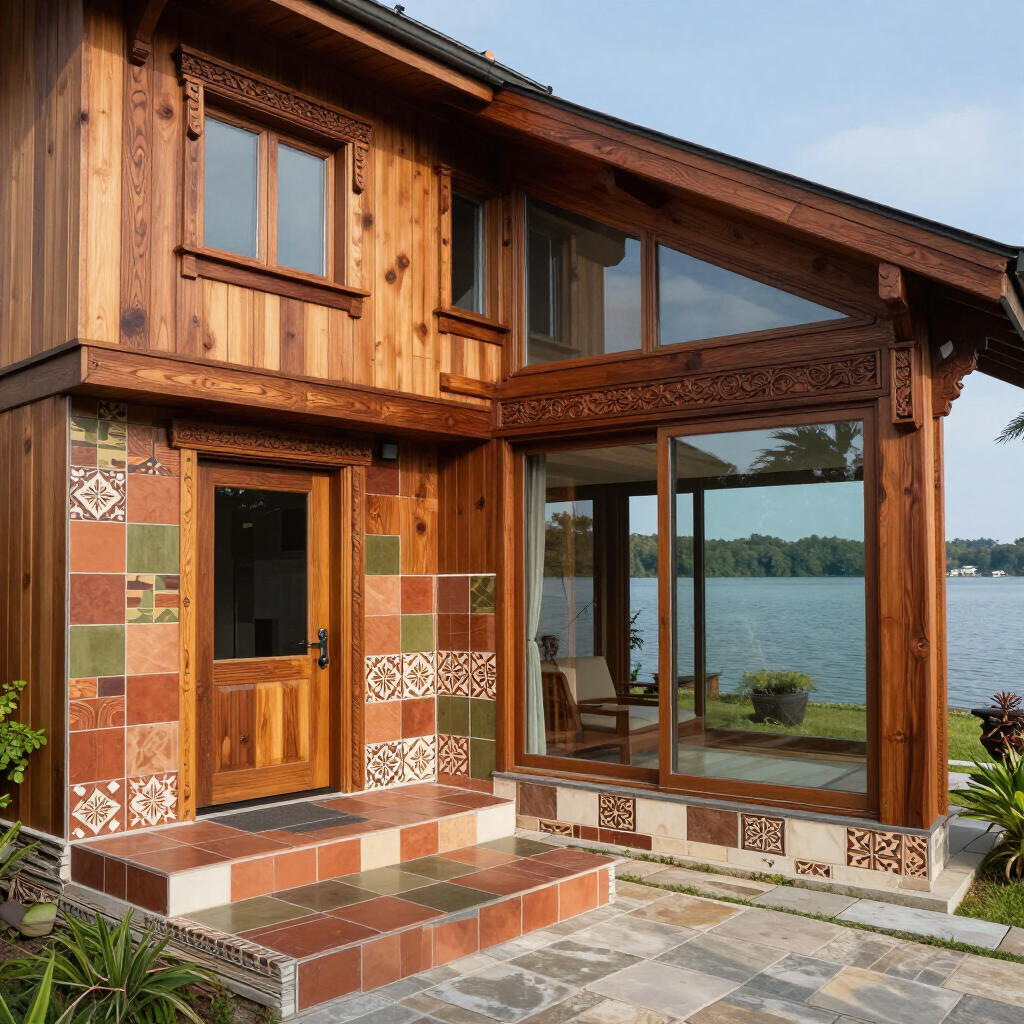 Wooden lakeside house with colorful tile accents and large windows overlooking the water
