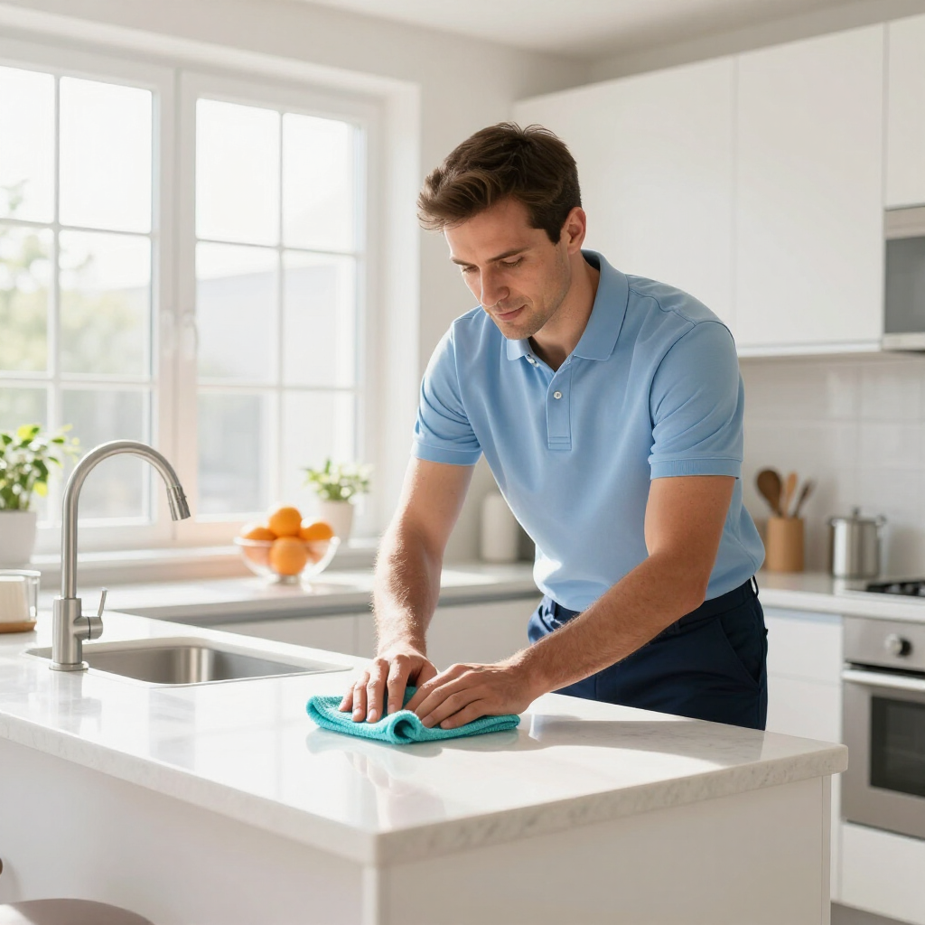 Man wiping a white kitchen countertop with a turquoise cloth beside a sink and fruit bowl