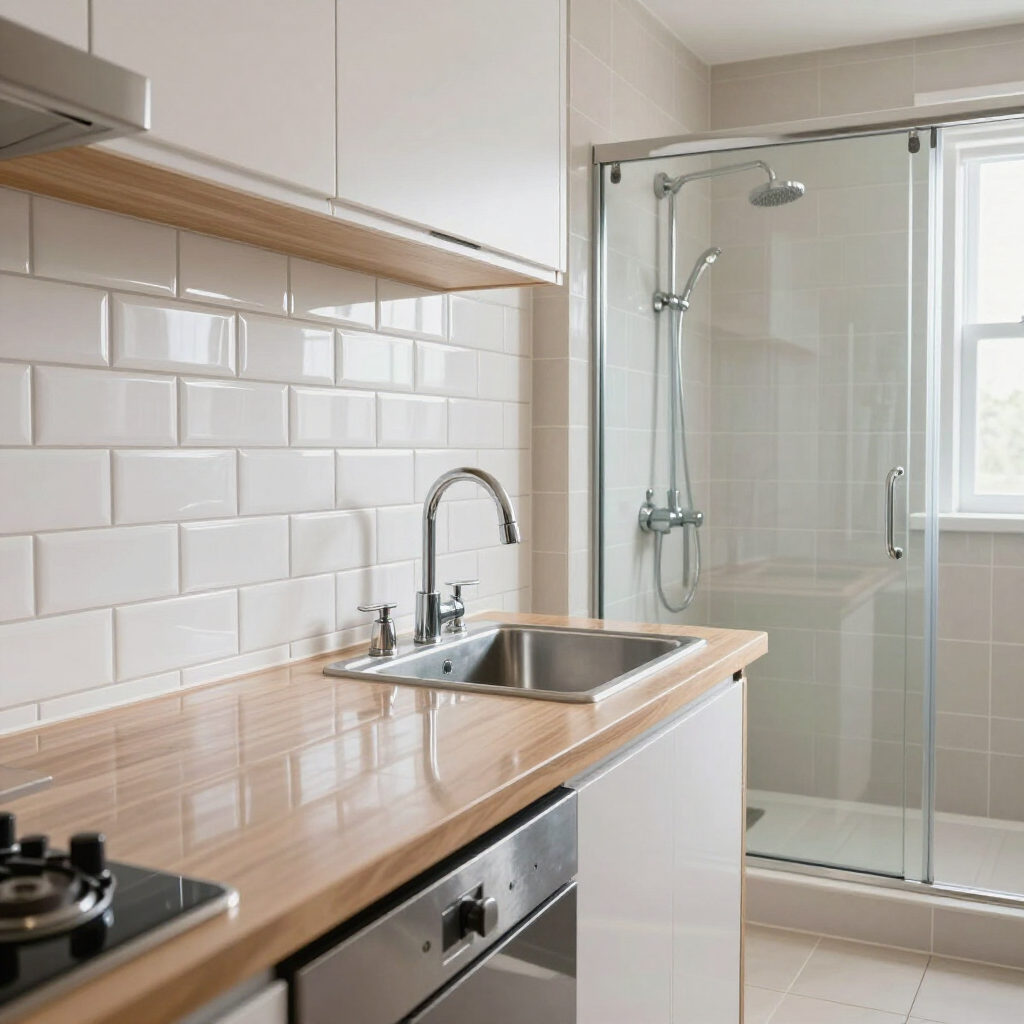 Modern kitchen with white cabinets, wood countertop, sink, stove, and glass shower enclosure in the background