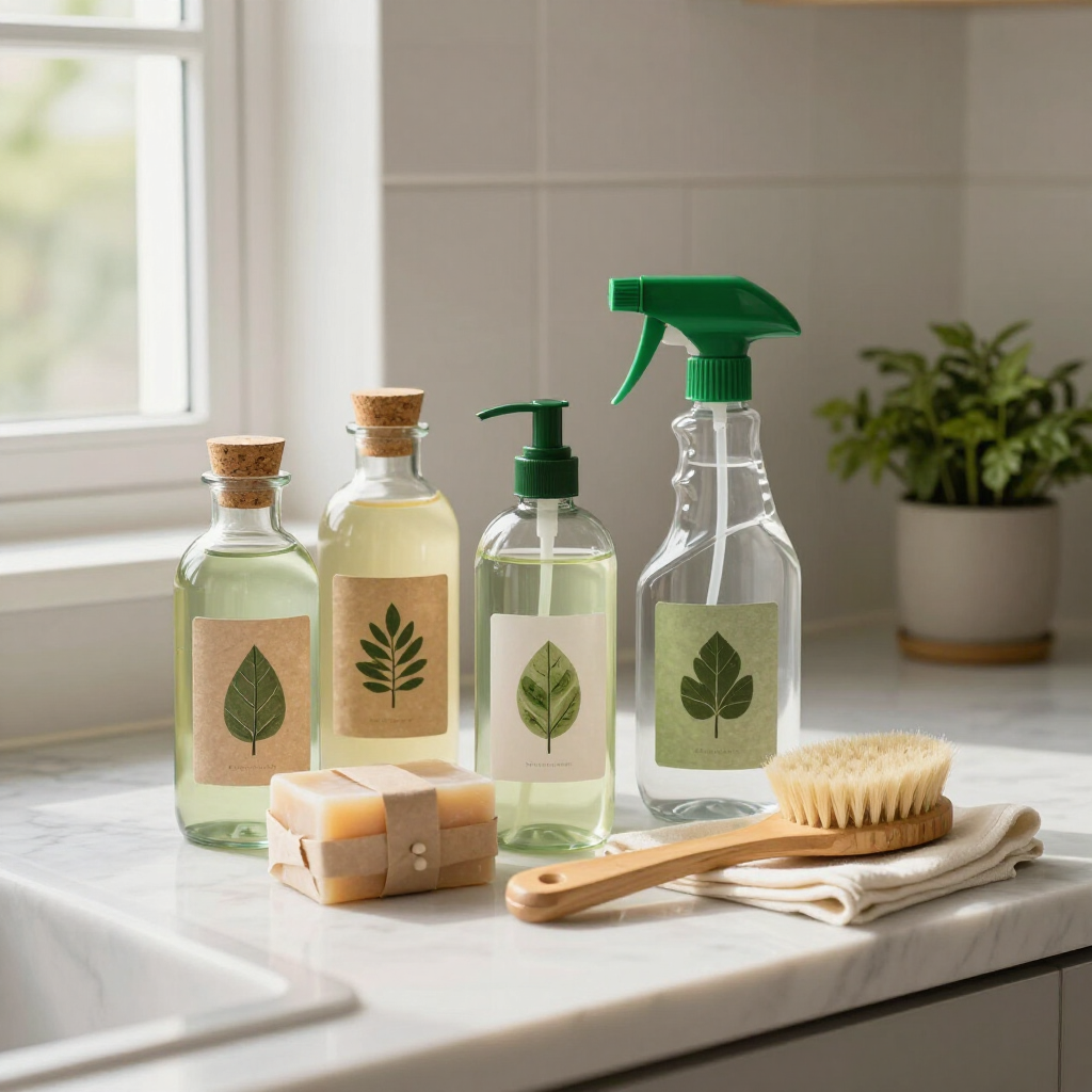Eco-friendly cleaning products and a wooden brush on a bright kitchen counter by a window.
