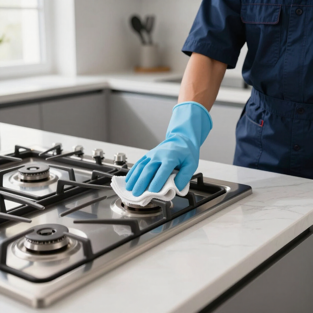 Person in blue gloves cleaning a gas stovetop with a white cloth in a kitchen