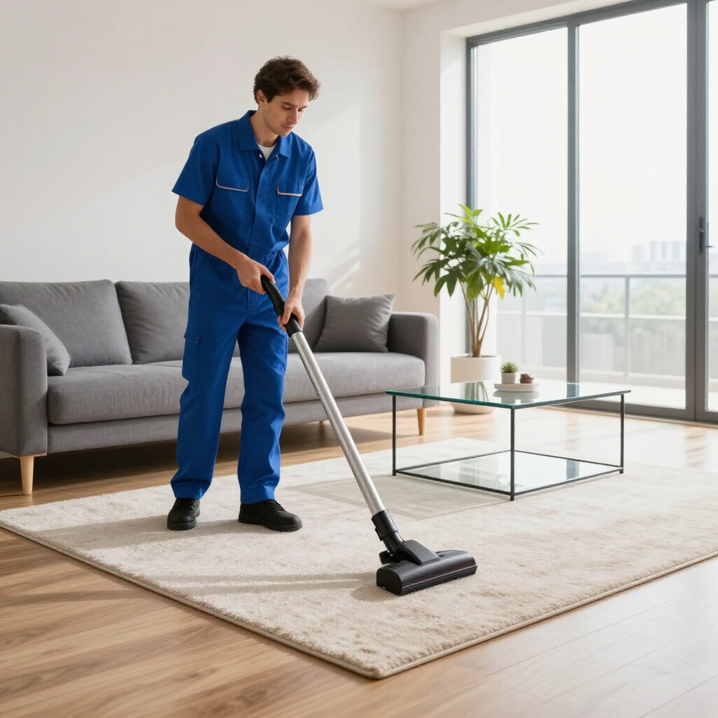 Man vacuuming a beige rug in a bright living room with a gray sofa and glass coffee table
