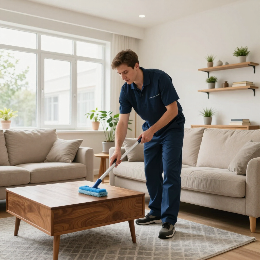Man vacuuming a beige couch and wooden coffee table in a bright living room