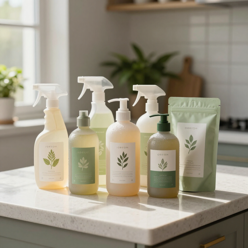 Five green-and-cream cleaning product bottles and a pouch on a sunlit kitchen counter