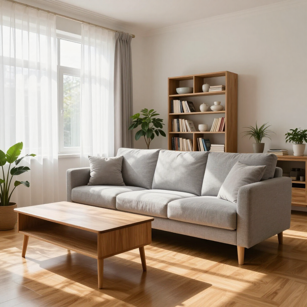 Bright living room with a gray sofa, wooden coffee table, bookshelf, plants, and sunlight through sheer curtains