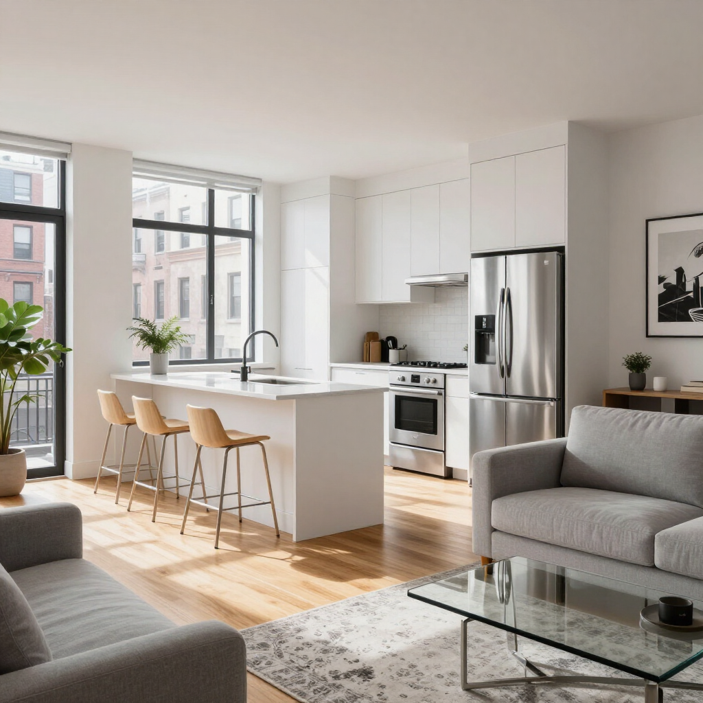 Bright modern open-plan kitchen and living room with white cabinets, island seating, gray sofa, and large windows