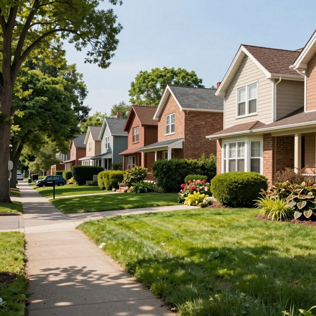 Sunny suburban street with lined houses, green lawns, and a sidewalk under trees