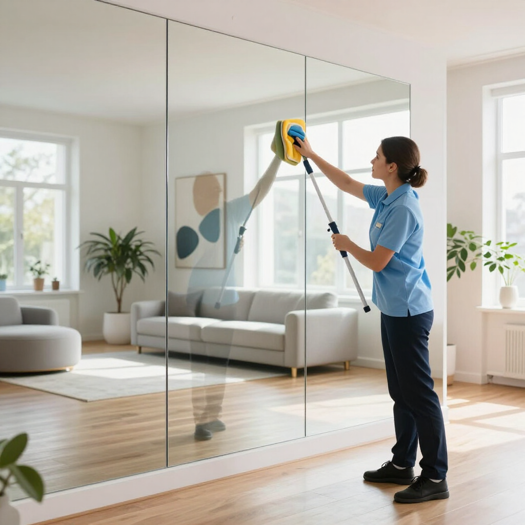 Person cleaning a large mirror wall with a window squeegee in a bright living room