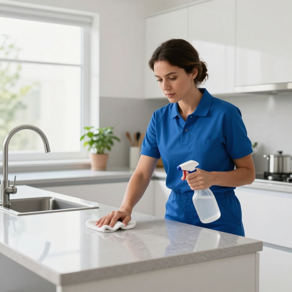 Woman cleaning a kitchen countertop with a spray bottle and cloth in a bright, modern kitchen