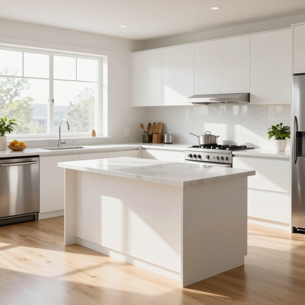 Bright modern white kitchen with island, large window, stainless stove, and sunlight on wood floor