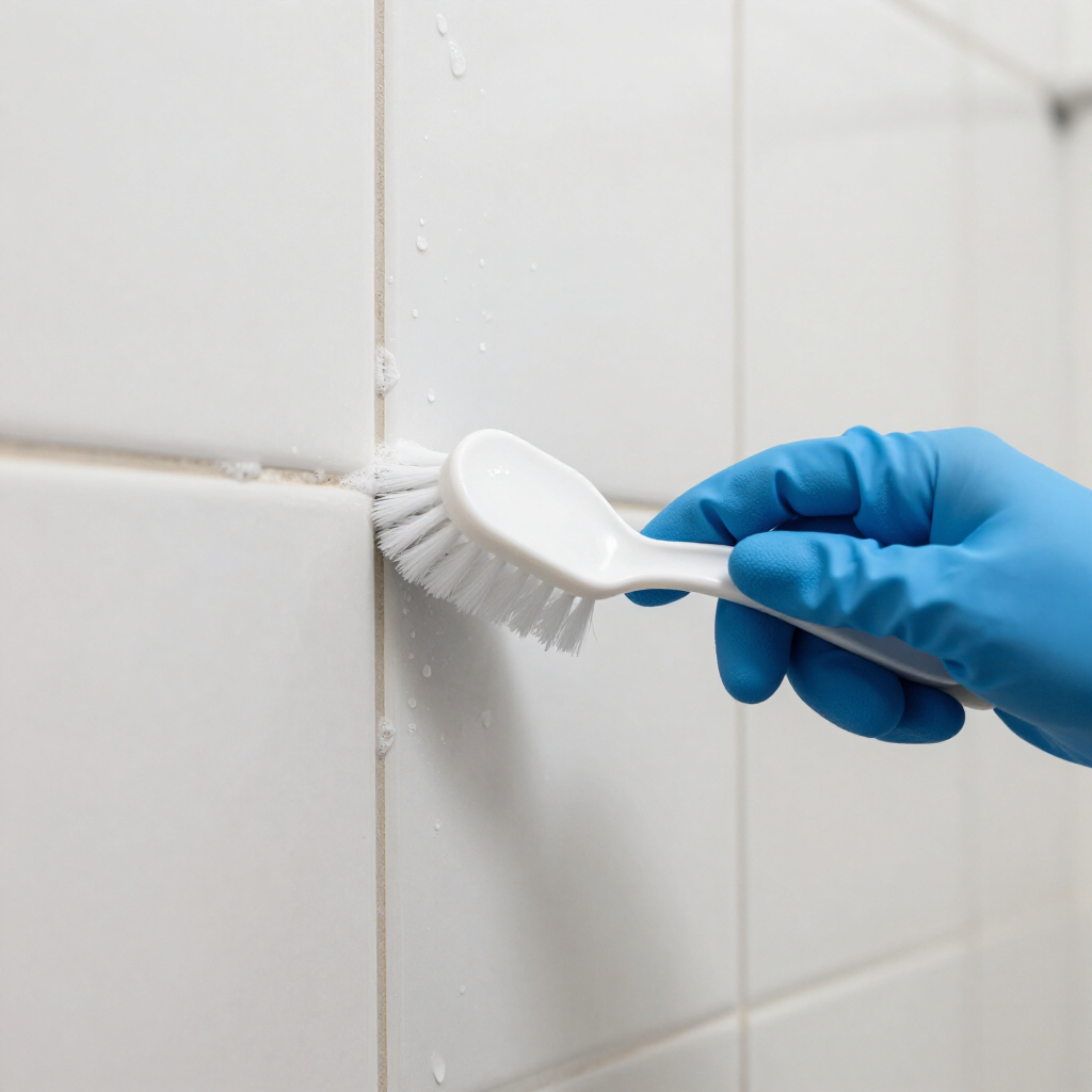 Blue-gloved hand scrubbing white tile grout with a brush