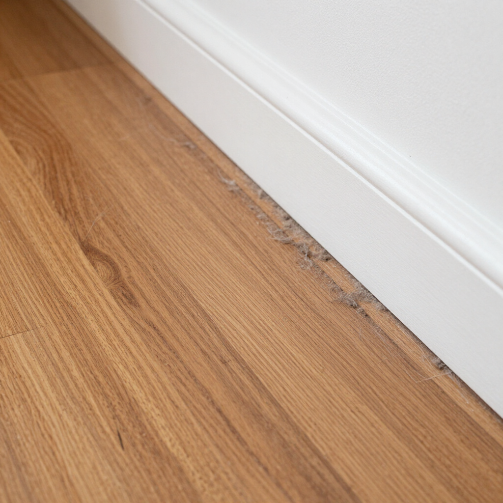 Wood floor with dark scuff marks along a white baseboard