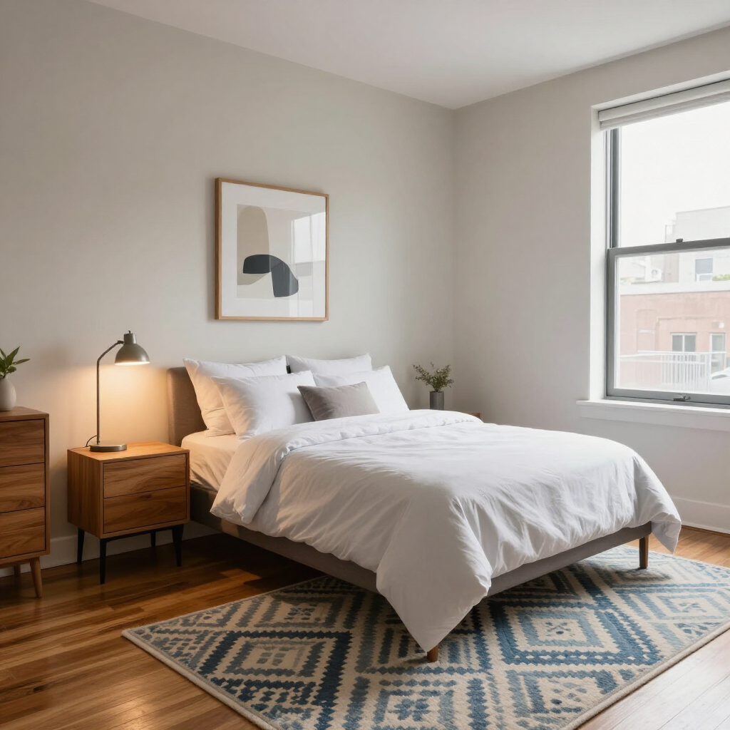 Bright bedroom with a made bed, wooden nightstand, lamp, framed art, and a blue patterned rug by a window