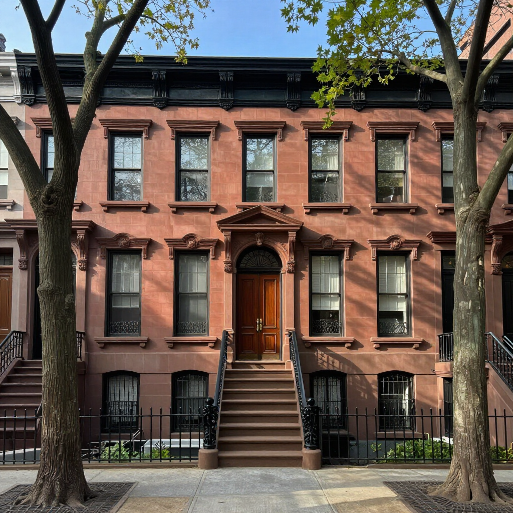 Brick townhouse facade with brownstone steps, arched doorway, and trees lining the street