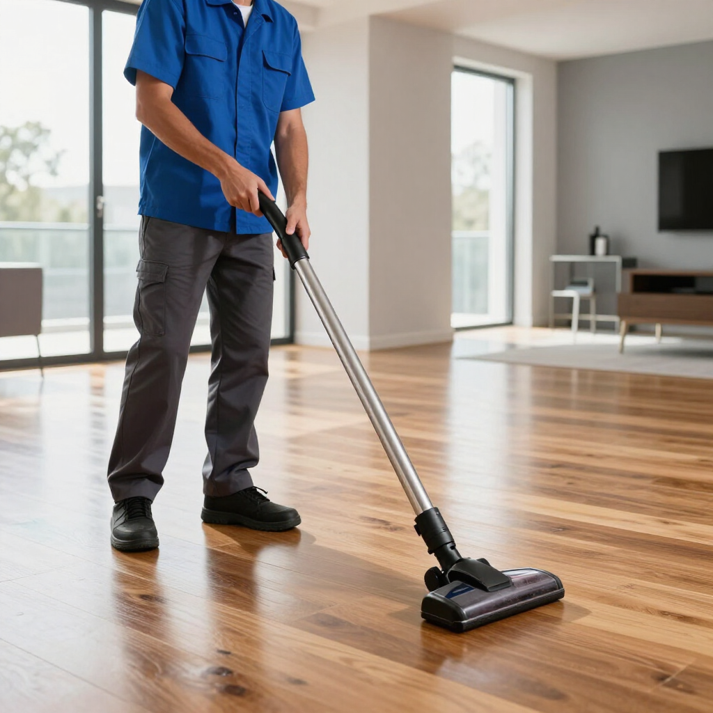Person vacuuming a hardwood floor in a bright modern living room