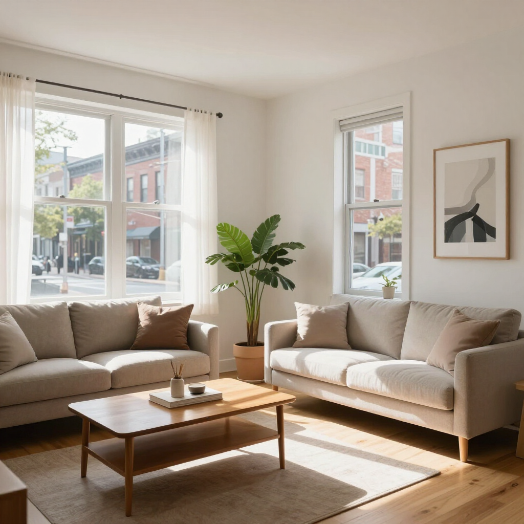 Bright living room with two beige sofas, a wooden coffee table, and sunlight from large windows.
