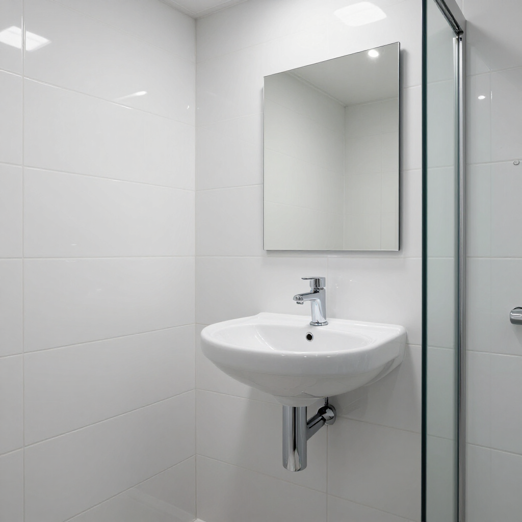 Minimal white bathroom with sink, mirror, and glass shower enclosure