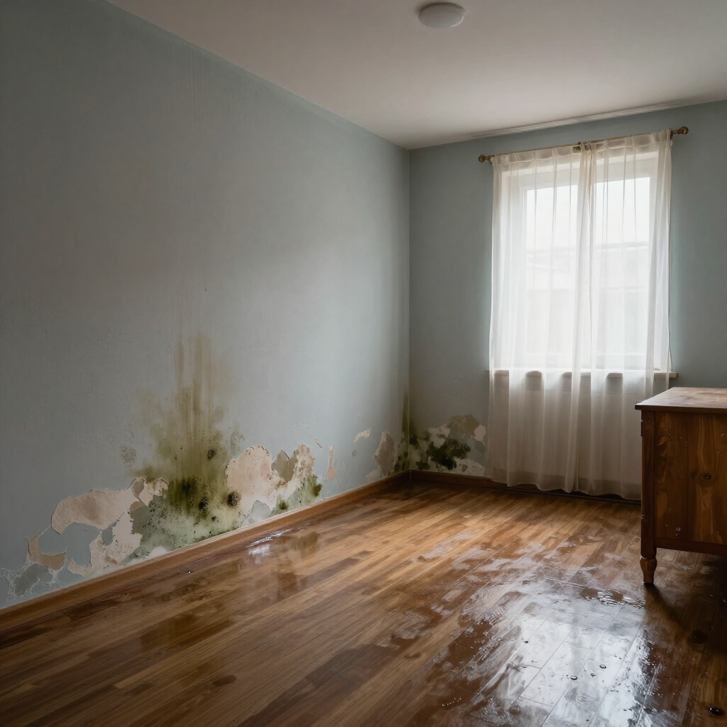 Water-damaged empty room with peeling paint, stained walls, wooden floor, and a window with sheer curtains