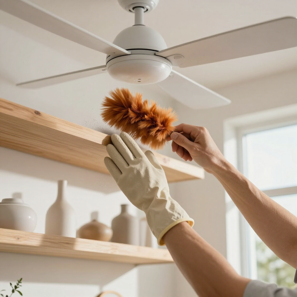 Gloved hands dust a wooden shelf beneath a ceiling fan in a bright room.