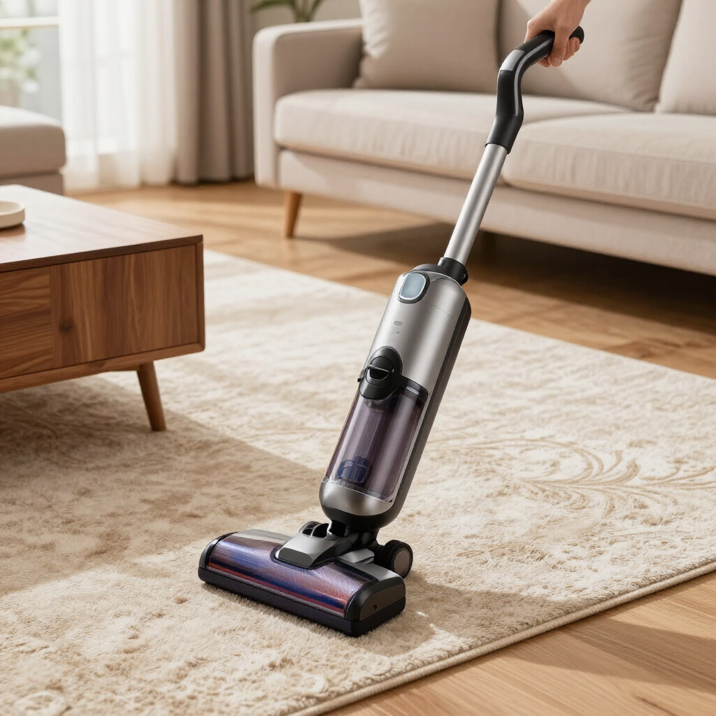 Cordless stick vacuum cleaning a beige rug in a modern living room