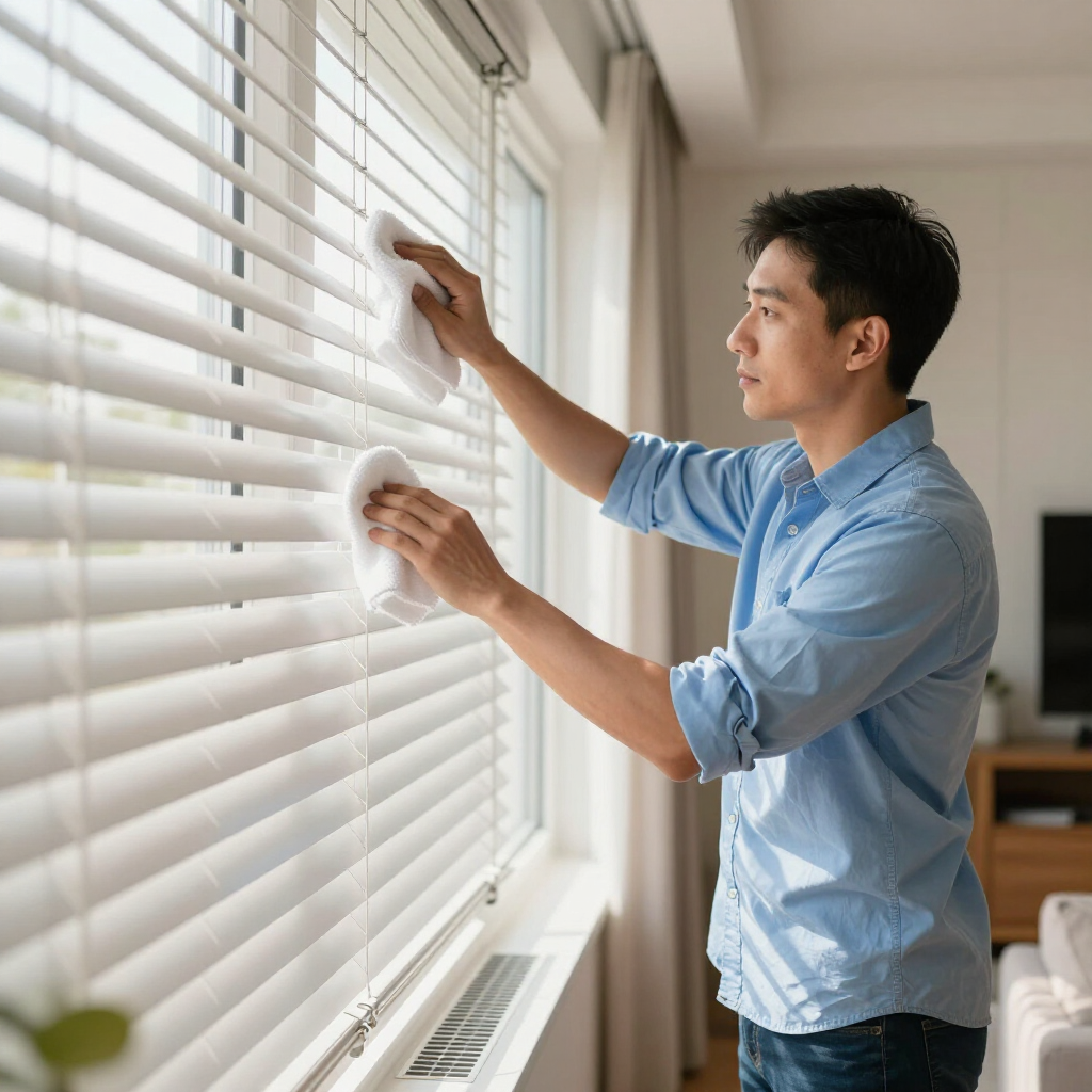 Man adjusting white window blinds in a bright room