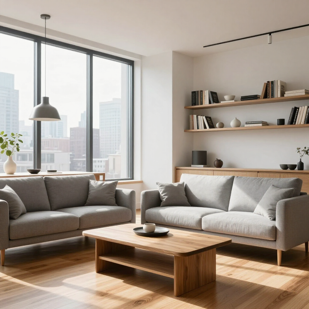 Bright living room with two gray sofas, wooden coffee table, shelves, and large city-view windows