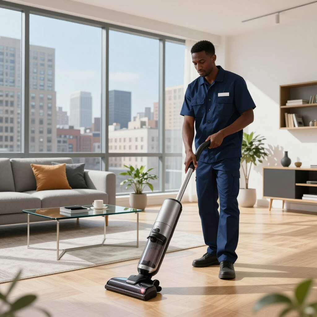Person vacuuming a bright modern living room with large windows and city view