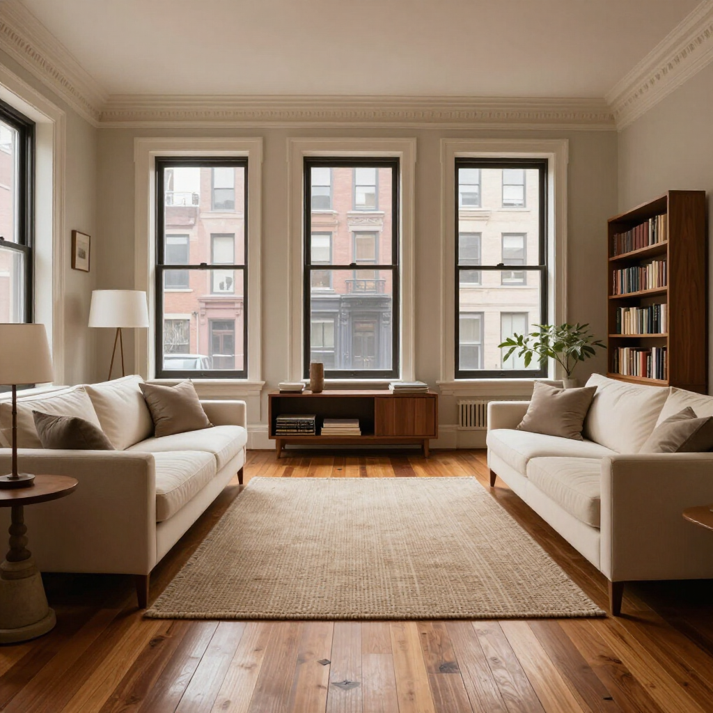 Bright living room with two sofas, large windows, wooden floor, and a coffee table by a rug