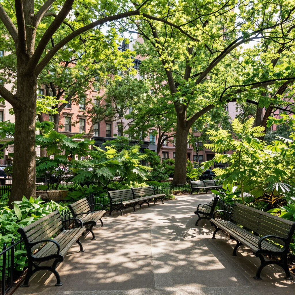 Shaded park path lined with benches and lush green trees on a sunny day