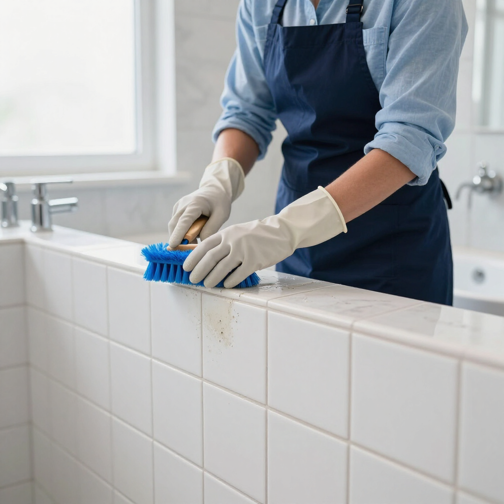 Person scrubbing a tiled wall with a blue brush while wearing gloves and an apron in a bathroom