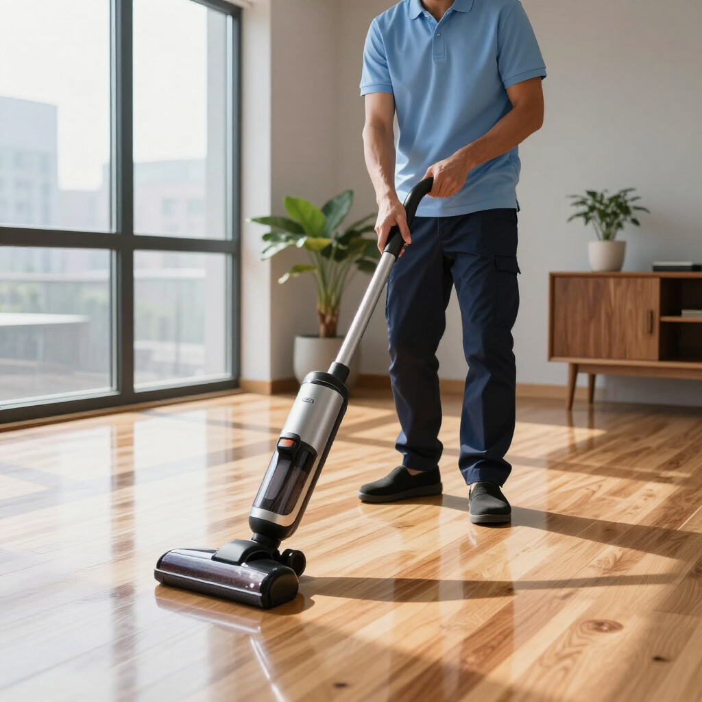 Person vacuuming a sunlit hardwood floor in a modern living room