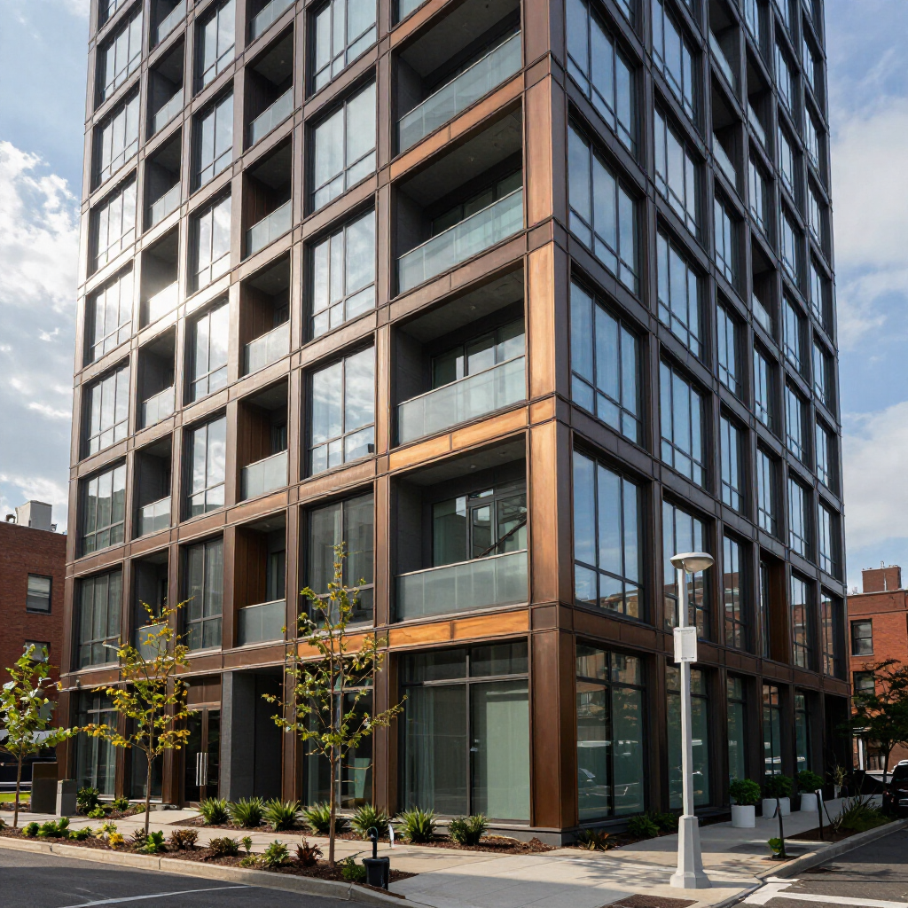 Modern glass-and-brick high-rise on a city street with young trees and sidewalk