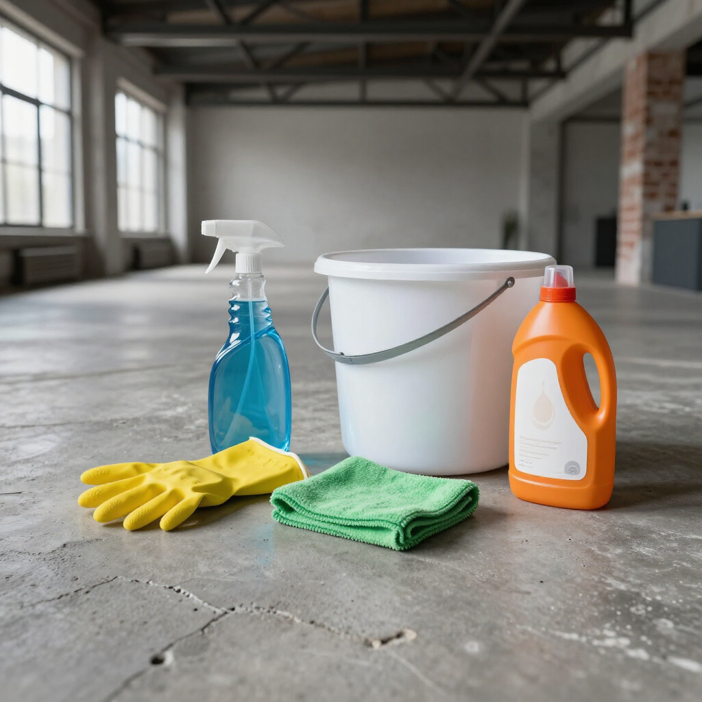 Cleaning supplies on a concrete floor: spray bottle, bucket, gloves, cloth, and detergent jug.